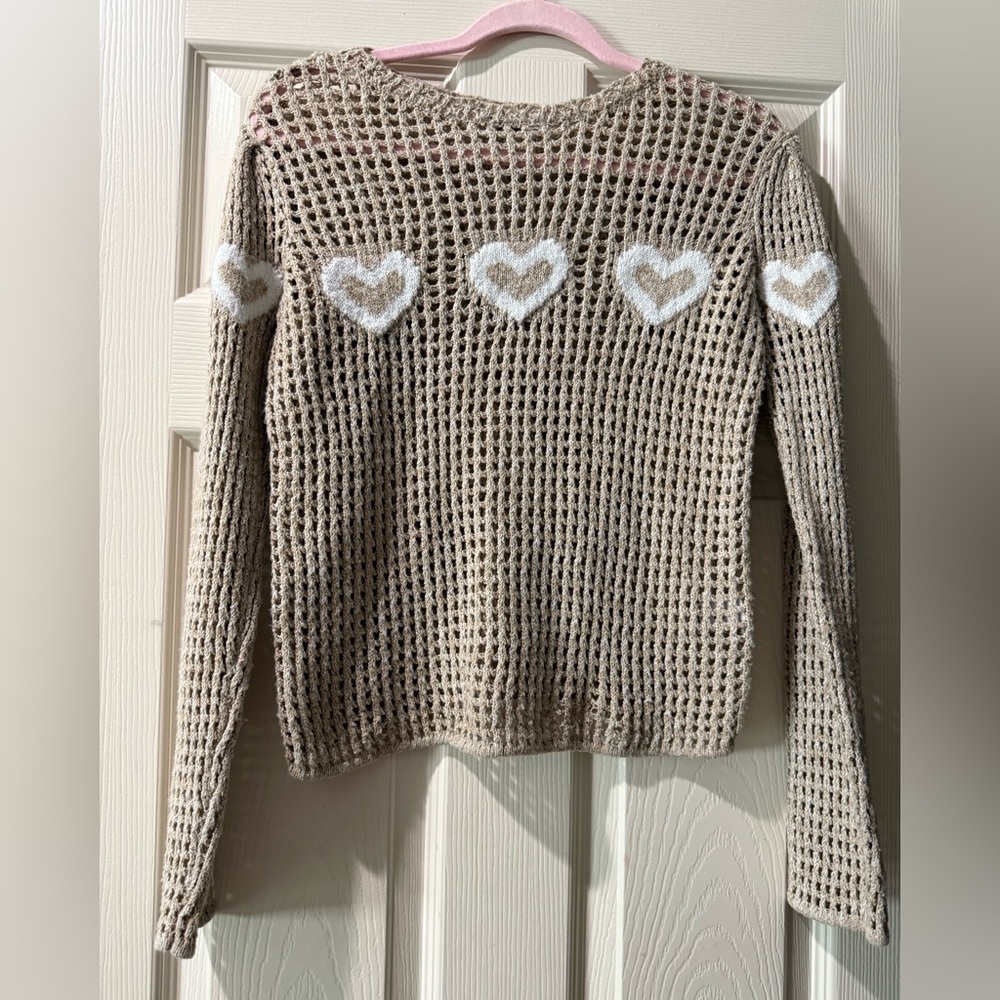SO Beige Heart Pattern Crew Neck Sweater